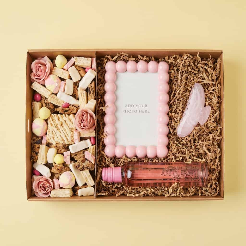 personalised self care and sweet treat gift box with photo frame brownie chocolates and drink
