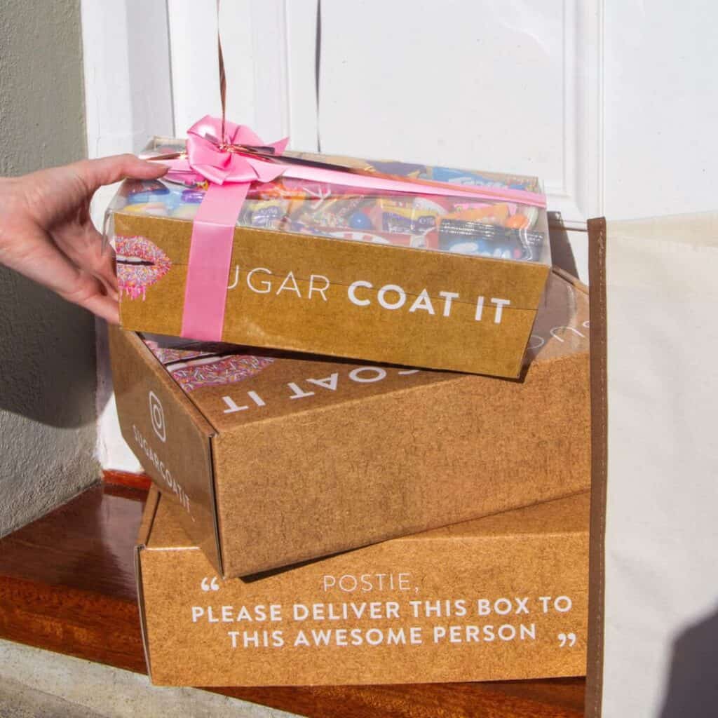 corporate gift boxes Perth delivery Sugar Coat It with branded packaging and ribbon