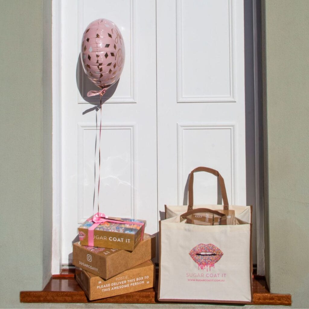 corporate gift boxes Perth doorstep delivery with branded bag and balloon