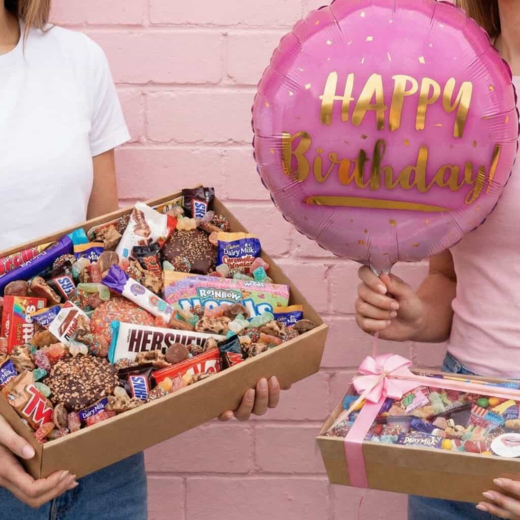 corporate gift boxes Perth birthday celebration with dessert hamper and balloon