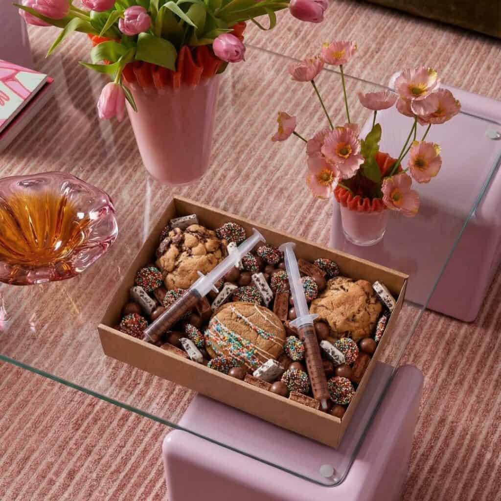 premium corporate gift box Perth dessert hamper with cookies chocolates and styled setup